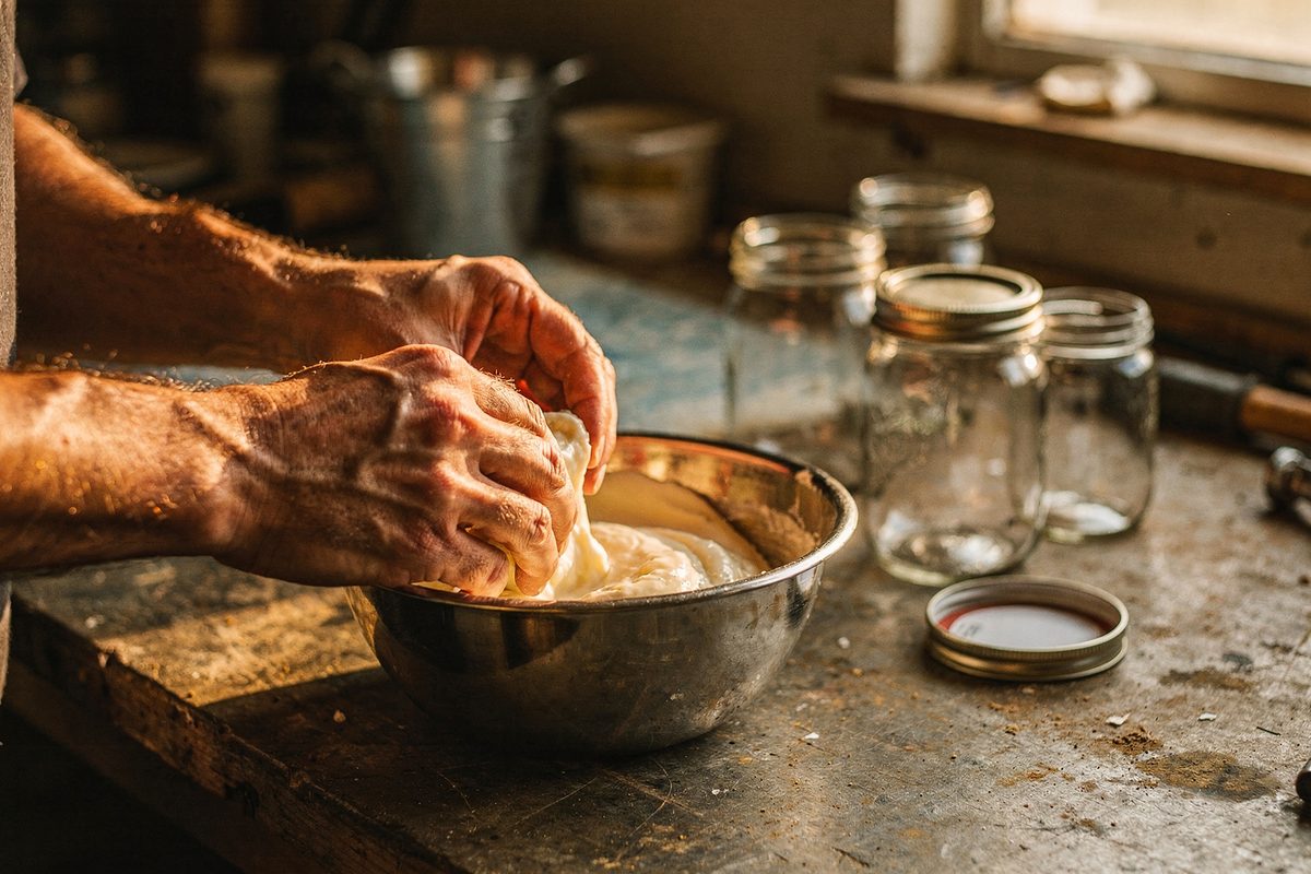 Hands stirring a small batch of cream in a steel bowl