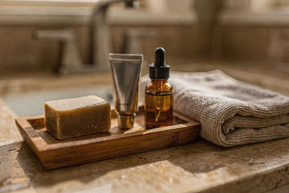 A tray with hand cream, soap and oil on a bathroom counter